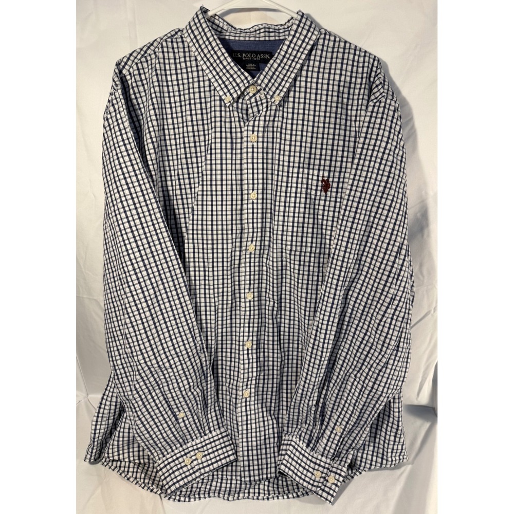 US Polo Assn Mens 3XL Blue White Gingham Check Button Down Shirt Long Sleeve